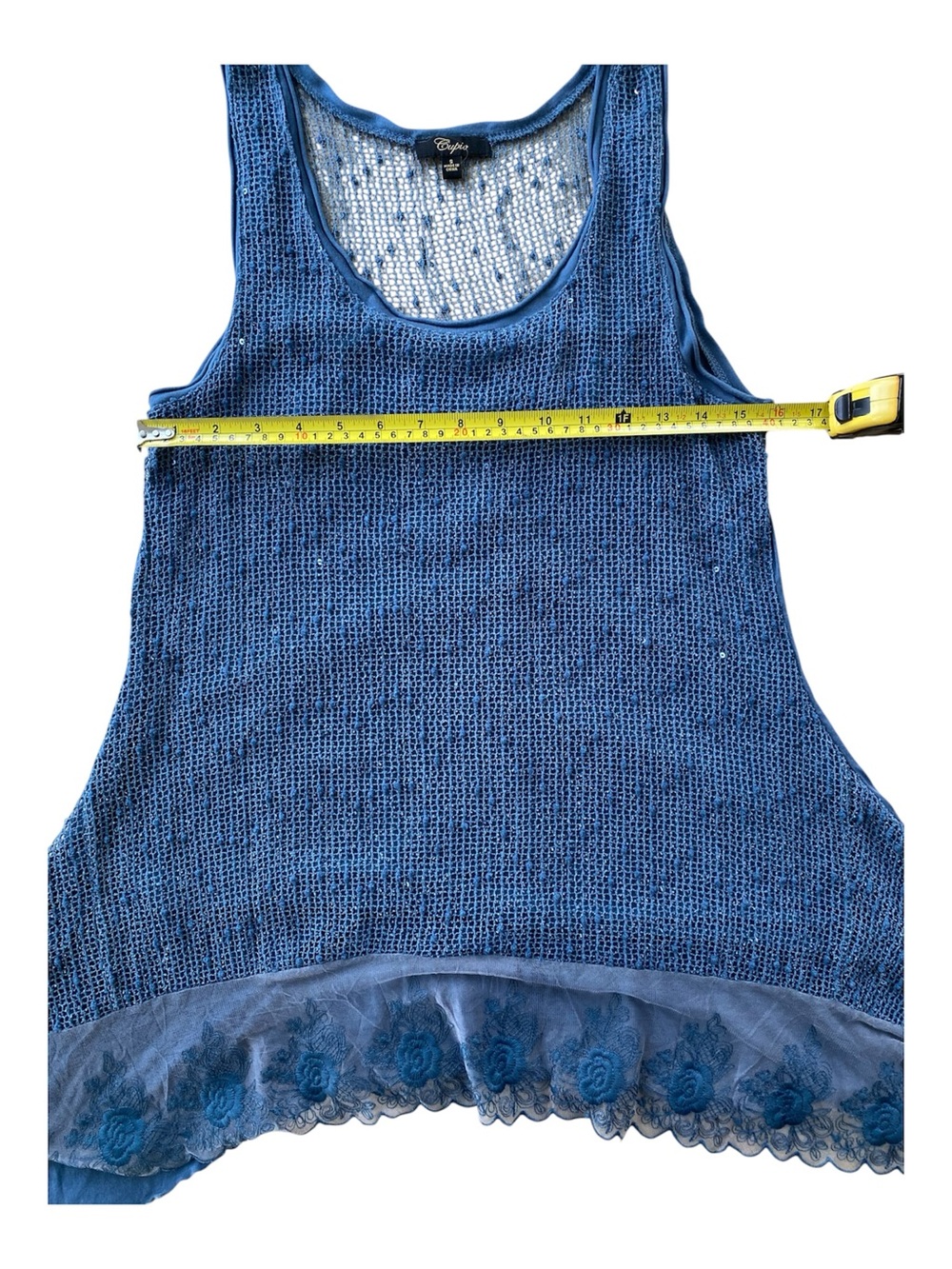Cupio Blue Crochet Lace Hem Sleeveless Tunic Tank Top Size Small Boho Festival - Picture 6 of 7
